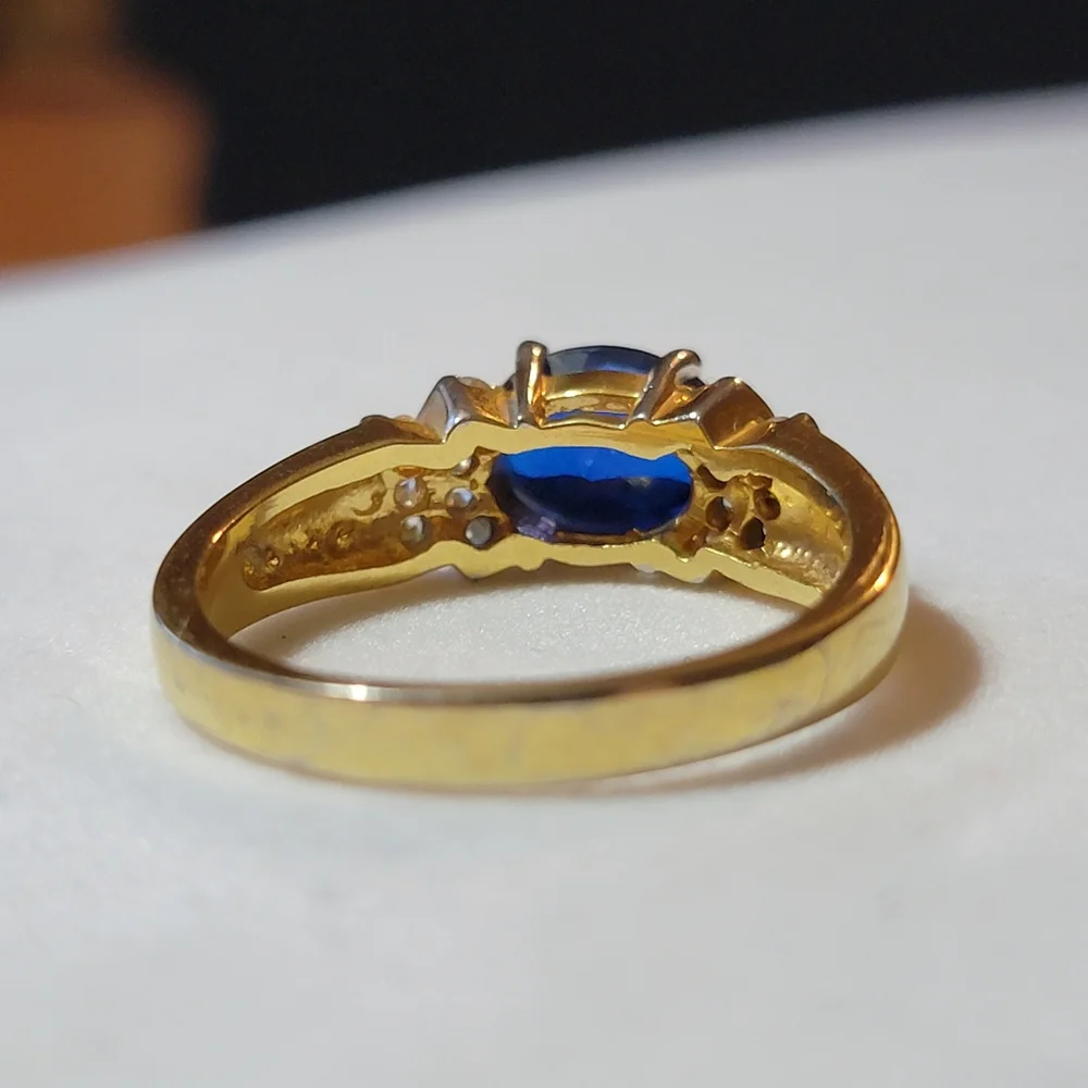 Oval Cut Blue Sapphire and Diamond Simulated Stone Ring Size 12.5 Gold Tone